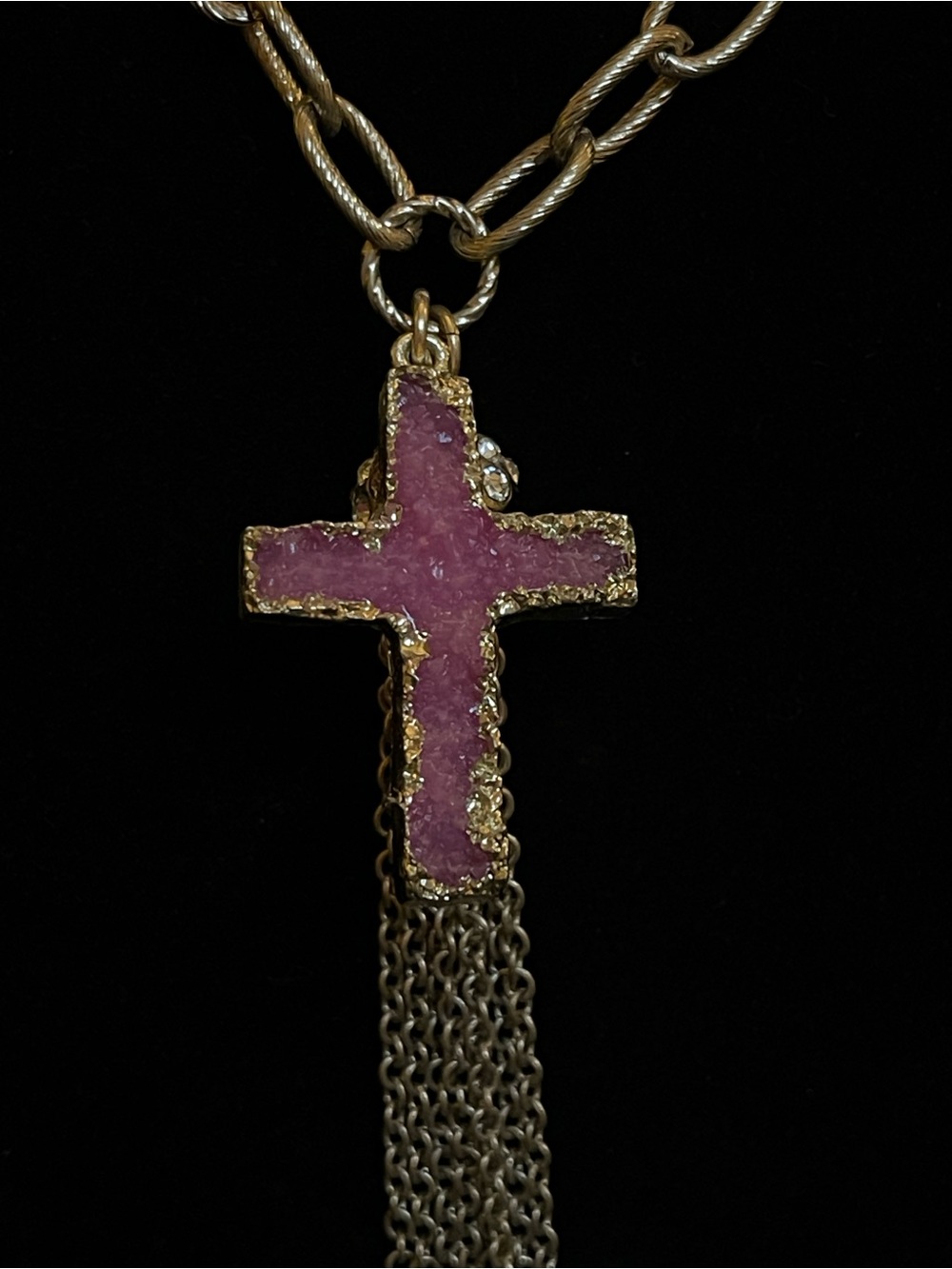 Gold Link Necklace with Purple Cross Pendant and Chain Tassel - Picture 2 of 6